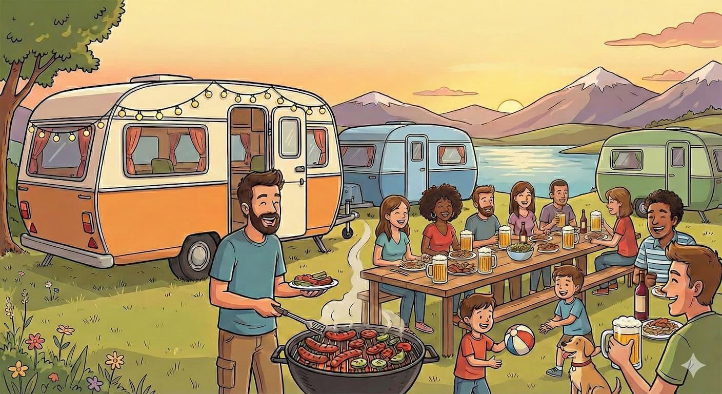 Gruppo di amici in camper durante un barbecue a ferragosto